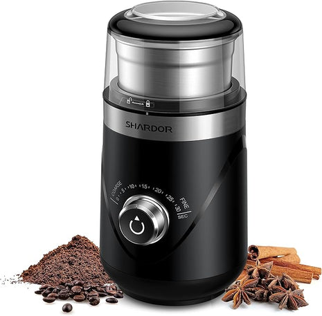 SHARDOR Electric Super Silent Blade Coffee Grinder, Timed Grind Control Rotary Knob, Adjustable Coarse to Fine for Coffee Beans, Spices & Herbs, with 1 Removable Stainless Steel Bowl, Black