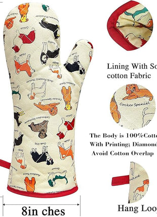 Oven Mitts Cotton Fashion Cute Dog Design 1pair Heat Resistant Oven Gloves Safe Cooking Baking Grilling Barbecue Machine Washable Pot Holders (Oven Mitts Dog Flower)