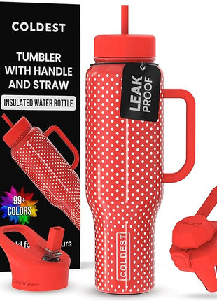 Coldest Tumbler with Handle and Straw - 100% Leak Proof Insulated Tumbler with Lid and Straw (3 Lids) - Stainless Steel Tumblers for Women & Men - Cup Holder Friendly Base, 46 oz (Red Dress)
