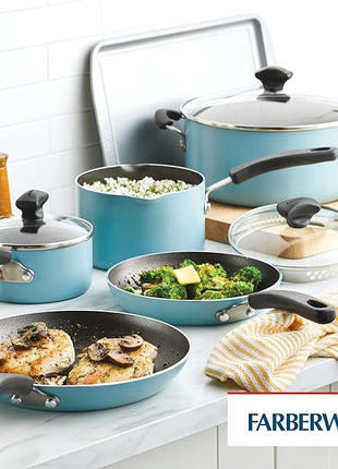 Farberware Cookstart DiamondMax Nonstick Cookware/Pots and Pans Set, Dishwasher Safe, Includes Baking Pan and Cooking Tools, 15 Piece - Aqua