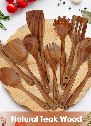 comfoyar Teak Wooden Spoons for Cooking, 10 Pieces Kitchen Cooking Utenails Set with Spatula and Ladle, Heat Resistant Kitchen Cookware for Nonstick Pan