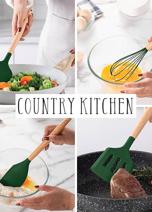 Country Kitchen Non Stick Silicone Utensil Set with Rounded Wood Handles for Cooking and Baking, 38 Piece Set, Green