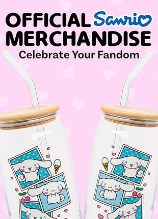 Silver Buffalo Sanrio Hello Kitty and Friends Cinnamoroll Polaroids Glass Jar Tumbler with Bamboo Lid and Glass Straw, 16 Ounces (Pack of 12)