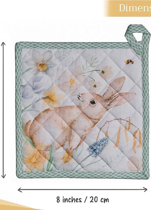 Maison d' Hermine Pot Holders Set 100% Cotton Heat Resistant Potholders 8" x 8" Hot Pads with Loop BBQ, Cooking, Baking, Grilling, Kitchen, Handling Hot Pans Spring/Summer (Pack of 2, Easter Dew)