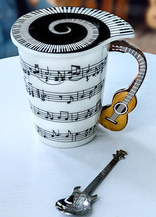 Guitar Novelty Mug Unique Musical Gift Coffee Cup with Cool Music Themed Lid & Guitar Handle Design & Guitar Spoon, Great Gifts for Music Teachers,&guitarLoversfor Holidays,Fathers Day,Men,Woman