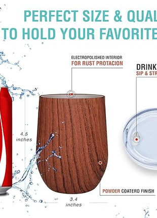 CHILLOUT LIFE 12 oz Stainless Steel Wine Tumbler with Lid - Double Wall Vacuum Insulated Wine Cup Glass Keeping Cold & Hot for Coffee, Champagne, Cocktails, Ice Cream - Wood