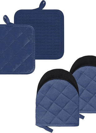 Oven Mitts and Pot Holders Set, Pack of 4, Heat Resistant Silicone Kitchen Mini Oven Mittens for 500 Degrees, Mini Oven Gloves and Hot Pads for Baking Grilling Barbecue Microwave Machine Washable