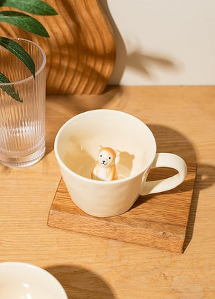 DIHOclub Bear Ceramic Cup Hidden 3D Animal Inside Mug,Cute Cartoon Handmade Figurine Mugs,Holiday and Birthday Gift for Coffee Milk Tea Lovers,12 OZ(Cream Color)