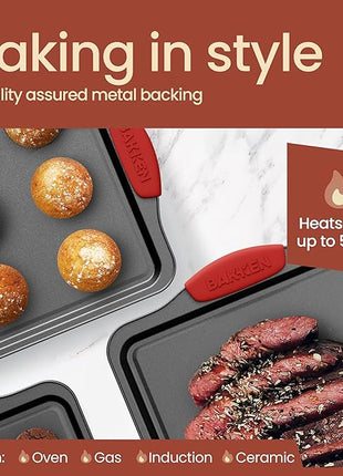 BAKKEN Cookie Sheets for Baking Nonstick Set - 3-Piece Stackable Carbon Steel Baking Sheet Pans Set with Silicone Handles, Non Toxic Cookie Sheets for Baking Bakeware Set - Gray Marble