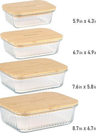 Ribbed Glass Tupperware Set with Bamboo Lids - 4 Stackable Meal Prep Containers. Durable heat resistant Inert Borosilicate Glass