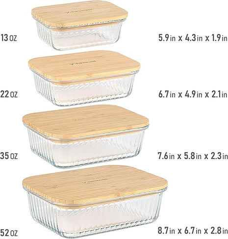 Ribbed Glass Tupperware Set with Bamboo Lids - 4 Stackable Meal Prep Containers. Durable heat resistant Inert Borosilicate Glass