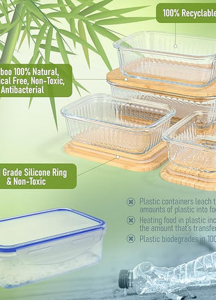 Ribbed Glass Tupperware Set with Bamboo Lids - 4 Stackable Meal Prep Containers. Durable heat resistant Inert Borosilicate Glass