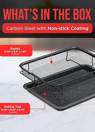 Crisper Tray - 2-Piece Set – Gray Marble, Non-Stick Basket Design for Healthier Cooking in Regular Ovens - Achieve Perfectly Crispy Chips, Bacon and More