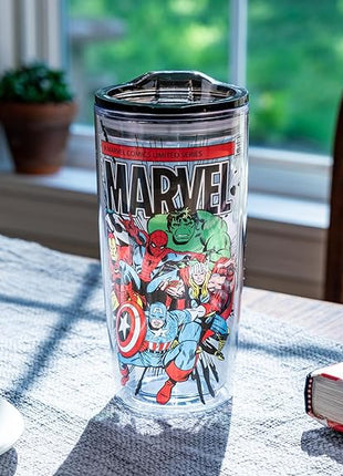 Silver Buffalo Marvel Avengers Featuring Spider-Man, Captain America, Thor, Hulk, and Iron Man Double Wall Travel Tumbler with Slide Close Lid, 20 Ounces