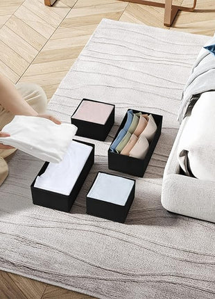 DIMJ Drawer Organizers - Set of 4 Foldable Closet Dividers for Baby Clothes, Socks, Belt, Tie (Black)