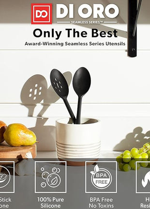 DI ORO Silicone Spoons for Cooking - Large Kitchen Spoons for Mixing, Serving, & Stirring - 600°F Heat-Resistant Non Stick Utensils – Big Solid & Slotted - Dishwasher Safe (2pc, Black)