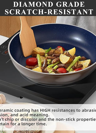 Nuwave Healthy Duralon Blue Ceramic Nonstick Cookware Set, Diamond Infused Scratch-Resistant, PFAS Free, Dishwasher & Oven Safe, Induction Ready & Evenly Heats, Tempered Glass Lids & Stay-Cool Handles