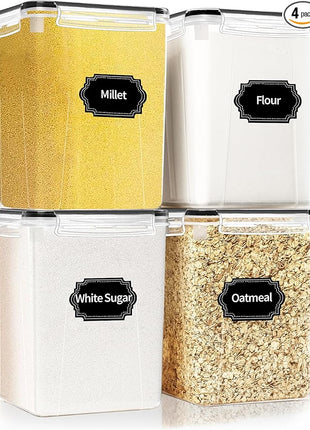 4 Pack Large Airtight Food Storage Containers with Lids (5.2L / 176oz), BPA Free Plastic Kitchen and Pantry Organization Contianers for Cereal Flour and Sugar Storage, Labels & Marker