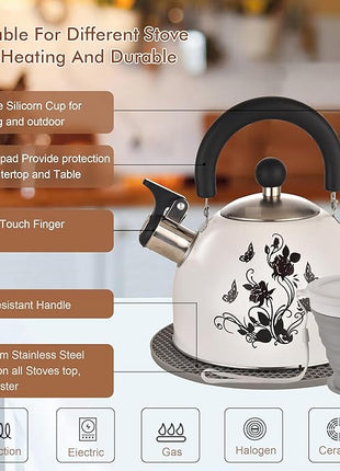 ARC Stainless Steel Whistling Tea Kettle, Magic Color Changing Design 2-Quart Stovetop Kettle Whistle White Teapot with Folding Cup & Trivet Mat