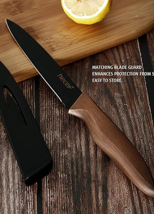hecef Vintage Kitchen Knife Set, Stainless Steel Non-stick Black Coated Knives with Extra Sheaths, Includes Chef, Bread, Santoku, Utility and Paring Knife