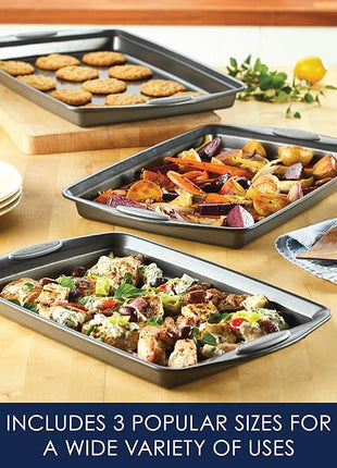 Rachael Ray Nonstick Bakeware Set with Grips, Nonstick Cookie Sheets / Baking Sheets - 3 Piece, Gray with Sea Salt Gray Grips