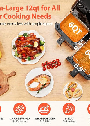 12QT Large Dual Air Fryer, 10-in-1 Double Zone Airfryer with 2×6QT Baskets, 60° Easy-Panel with Full Touchscreen, SyncCook Function, Viewing Window, Nonstick & Dishwasher Safe, 2 Dishes at Once, Black