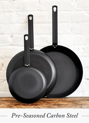 Merten & Storck Pre-Seasoned Carbon Steel 12” Frying Pan Skillet, Use on Induction, Stove and Grill, Durable, Even-Heating, for Searing, Grilling, Oven Use, and Campfire, Indoor/Outdoor
