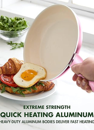 GreenPan Rio Healthy Ceramic Nonstick 8" Frying Pan Skillet and Silicone Spatula Set, Soft Grip Handle, Breaktfast Meal Set, PFAS-Free, Dishwasher Safe, Oven Safe, Pink