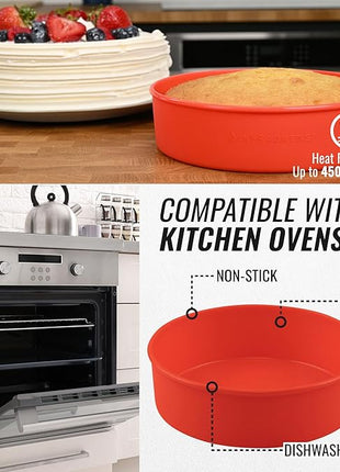 INFRAOVENS Round Silicone Cake Pan and Cupcake Liners – Nonstick Molds for Baking with Kitchen Conversion Chart and Recipes Booklet, BPA Free, 9.5 inch