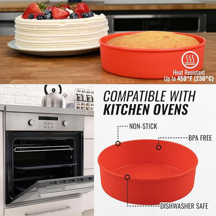 INFRAOVENS Round Silicone Cake Pan and Cupcake Liners – Nonstick Molds for Baking with Kitchen Conversion Chart and Recipes Booklet, BPA Free, 9.5 inch