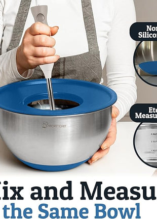 Priority Chef Stainless Steel Mixing Bowls with Lids Set, 3 Grater Attachments, Airtight Lids, Non-Slip Silicone Base Mixing Bowl Set, Large Prep Metal Mixing Bowls for Kitchen, Blue