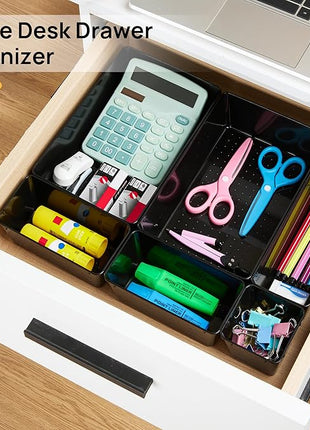 Vtopmart 44 PCS Plastic Drawer Organizers Set, 4-Size Versatile Bathroom and Vanity Organizer Trays, Non-Slip Storage Containers for Makeup, Jewelries, Bedroom，Kitchen Utensils and Office, Black
