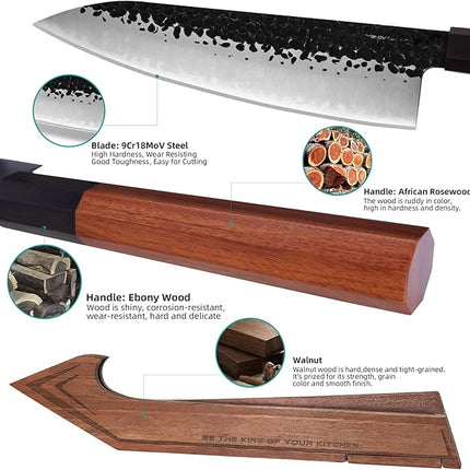 FINDKING Chefs Knives Set and Edge Guards, High Carbon Steel Kitchen Knives, Walnut Knife Holders, for Home Kitchen, Meat, Fruits, Vegetables, Dynasty Series, 8PCS