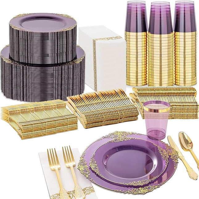 Nervure 350PCS Purple Plastic Plates - Purple Plastic Dinnerware Sets for 50 Guests - 100 Disposable Plates, 150 Gold Silverware, 50 Cups, 50 Napkins for Wedding & Party