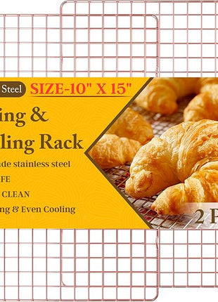 2-Pack Cooling Racks for Cooking and Baking - 10" x 15"Heavy Duty Stainless Steel Wire Rack for Baking, Grilling, Roasting - Oven & Dishwasher Safe - Fits Jelly Roll Sheet Pan（Rose Gold）