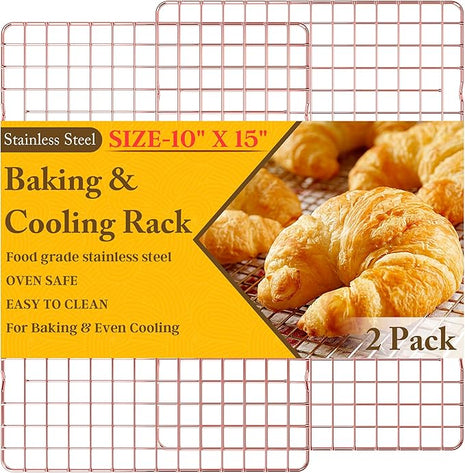 2-Pack Cooling Racks for Cooking and Baking - 10" x 15"Heavy Duty Stainless Steel Wire Rack for Baking, Grilling, Roasting - Oven & Dishwasher Safe - Fits Jelly Roll Sheet Pan（Rose Gold）