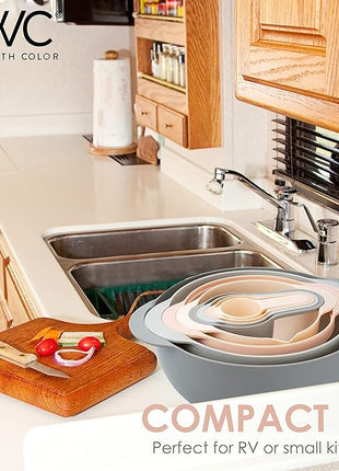 COOK WITH COLOR Nesting Bowls with Measuring Cups Colander and Sifter Set - Includes Mixing Bowls, Colander, Sifter and Measuring Cups, Pink, 8 Pc Bowl