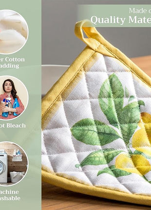 Maison d' Hermine Pot Holders Set 100% Cotton Heat Resistant Potholders 8" x 8" Hot Pads with Loop BBQ, Cooking, Baking, Grilling, Kitchen, Handling Hot Pans Spring/Summer (Pack of 2, Limoncello)