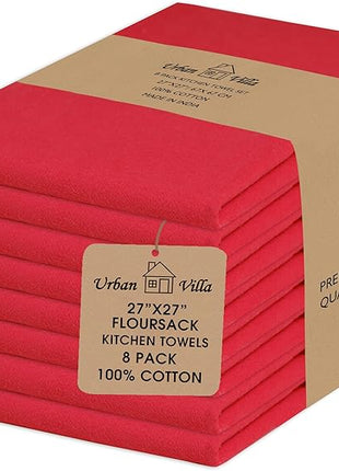 Urban Villa Flour Sack Red Kitchen Towels 100% Cotton Highly Absorbent Dish Towels for Bread Proofing Baking Drying Dinnerware Glass Embroidery DIY Projects Zero Lint 27x27 Inches (8 Pack)
