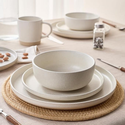 Famiware Milkyway Stoneware Dinnerware Sets with Mugs, Service for 4 (16 Pieces), Reactive Glaze Plates and Bowls Sets, Microwave and Dishwasher Safe Dishes Set, Matte Beige White