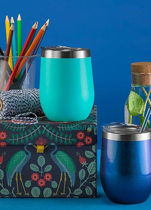 CHILLOUT LIFE 12 oz Stainless Steel Wine Tumbler with Lid - Double Wall Vacuum Insulated Wine Cup Glass Keeping Cold & Hot for Coffee, Champagne, Cocktails, Ice Cream - Powder Coated Aqua Blue