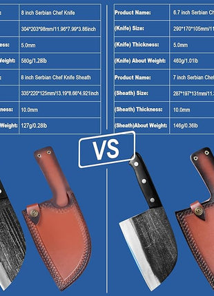 Full Tang, Serbian Chefs knife,Chef Meat Cleaver,Kitchen Knives,Set with Leather Sheath,Take Carrying,Butcher,for Camping or Outdoor (8 inch)