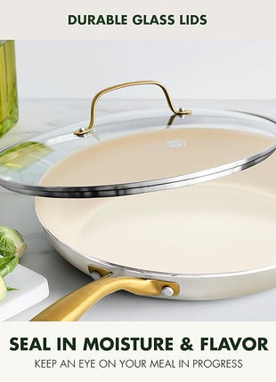 GreenPan Swift 12" Ceramic Nonstick Frying Pan Skillet with Lid, PFAS & PFOA-Free Healthy Cooking, Gold Stainless Steel Handle, Versatile Cooking Essentials, Dishwasher & Oven Safe, Cream