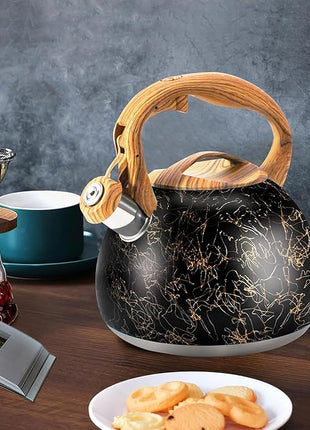 3.2Qt Whistling Tea Kettle for Stove Top, Food Grade Stainless Steel Wood Handle Teapot, Durable for Brewing Coffee, Tea, Milk, Suitable for All Heat Sources (Golden line)