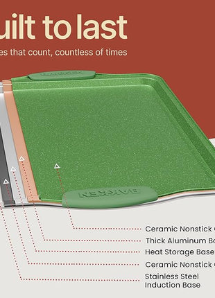 BAKKEN Kitchen Baking Pan Set - Nonstick Green Marble Coating, Carbon Steel Bakeware Sets with Green Silicone Handles, Kitchen Essentials, PFOA, PFOS, PTFE Free, Oven Safe (Up To 450° F), Set of 3