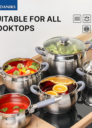 Daniks Modern 11-Piece Stainless Steel Induction Cookware Set – Dishwasher Safe Saucepan, Pots with Heatproof Handles, Glass Lids, Frying Pan with Lid, Silver