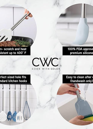 COOK WITH COLOR Silicone Cooking Utensils, Kitchen Utensil Set, Easy to Clean Silicone Kitchen Utensils, Cooking Utensils for Nonstick Cookware, Kitchen Gadgets Set, 10 Pieces, Blue and White