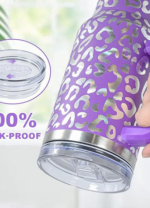 40 oz Tumbler with Handle and Straw, 100% Leak-Proof Travel Mug, Stainless Steel Double Wall Vacuum Insulated Coffee Cup Keeps Cold For 34 Hours, Dishwasher Safe, Purple Leopard