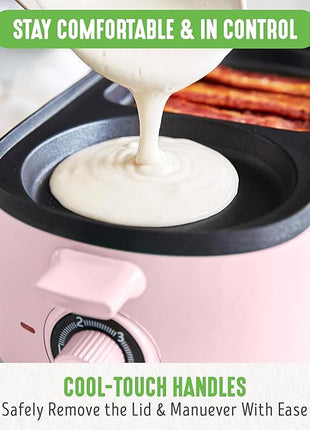 GreenLife 3-in-1 Breakfast Maker Station, Healthy Ceramic Nonstick Dual Griddles for Eggs Meat Sausage Bacon Pancakes and Breakfast Sandwiches, 2 Slice Toast Drawer, Easy-to-use Timer, Pink