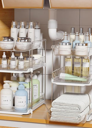 Delamu 2 Sets of 3-Tier Bathroom Under Sink Organizers and Storage, Multi-Purpose Stackable Pantry Organization and Storage, Pull Out Clear Kitchen Bathroom Cabinet Organizer with Movable Dividers